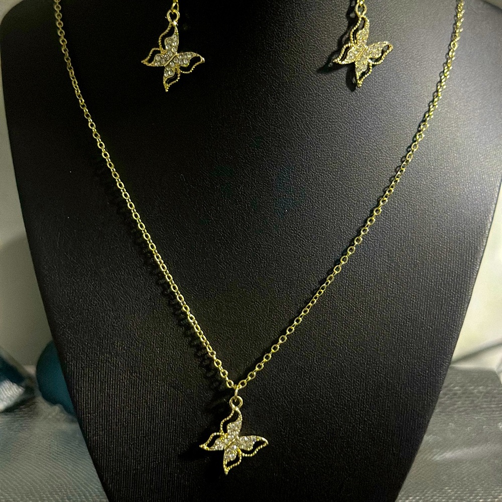 Gold Butterfly Necklace and Earring Set